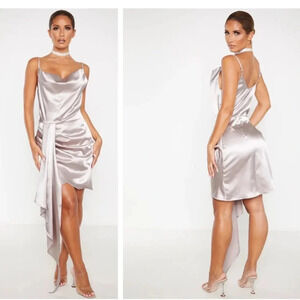 PLT Ecru Satin Cowl Drape Bodycon Dress Size 4